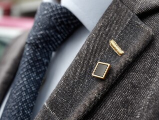 Close-up of a dark gray suit jacket lapel with a black square and gold lapel pin