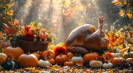 Roasted Turkey Surrounded by Pumpkins and Autumn Flowers in Sunlight Thanksgiving whole turkey