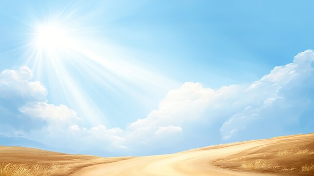 Bright sun shining in a clear blue sky with white clouds over rolling golden hills and a winding path