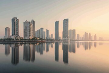 Serene Urban Skyline Reflection at Sunset Over Calm Water Surface