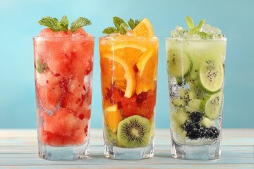 Three refreshing fruit-infused drinks in clear glasses, featuring watermelon, orange, and kiwi.  Garnished with mint sprigs