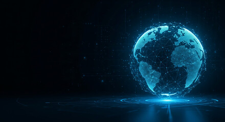 Fototapeta premium Abstract technology background with glowing digital globe and wide dark copy space for corporate design or presentation