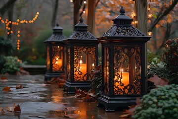 Three ornate black lanterns with glowing orange candles on wet stone path light