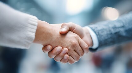 Two people shaking hands in a business or professional setting.