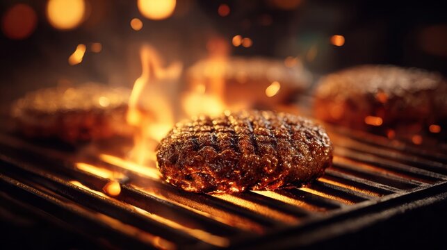 A sizzling hamburger patty on a hot grill, surrounded by dancing flames, ready for a delicious meal.