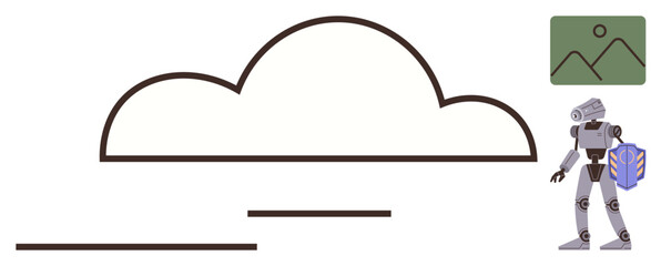 Robot holding data box, cloud outline, and image icon represent cloud storage, automation, data sharing, digital tools, innovation, AI technology, and modern processes in a simple flat metaphor