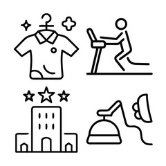 A collection of four line art icons representing hotel amenities: a shirt on a hanger, a person on a treadmill, a hotel building with stars, and an iron.