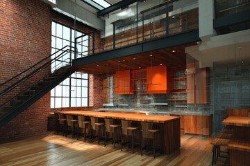 Industrial-style open-plan eatery with exposed brick, wooden bar, and upper level