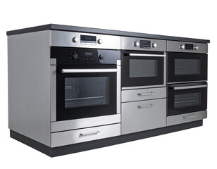 Obraz premium Front View Collection of Modern Kitchen Ovens in Stainless Steel Finish, Isolated on White Background