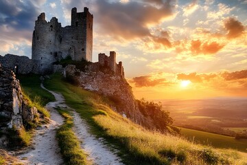 Stone Castle Ruins Sunset Hilltop Path Golden Hour Landscape