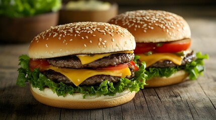 Two Cheeseburgers Sesame Buns Lettuce Tomato Wooden Table