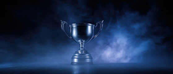 The trophy cup on dramatic blue smoky stage symbolizing victory and achievement