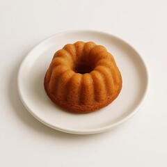 Golden-brown cake with fluted edges sits centered on a white plate. AI generated.