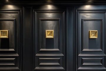 Dark paneled wall with gold picture frames