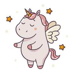 A cute unicorn with wings standing on two legs, surrounded by stars, flat vector illustration in a cute kawaii style on a white background. Vector illustration