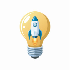 Rocket ship launches from lightbulb, symbolizing innovation and creative solutions in a clean, modern style, representing a bright idea.