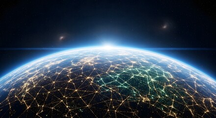 Luar angkasa,Stunning global network illuminating Earth from space with interconnected communication technology and glowing city lights