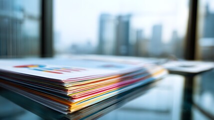 Stack of documents on a glass table with blurred city buildings in background.