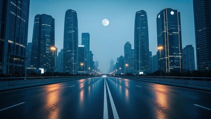 Obraz premium An empty city street lined with skyscrapers, captured in dramatic light, representing solitude, urban modernity, and cinematic travel vibes.