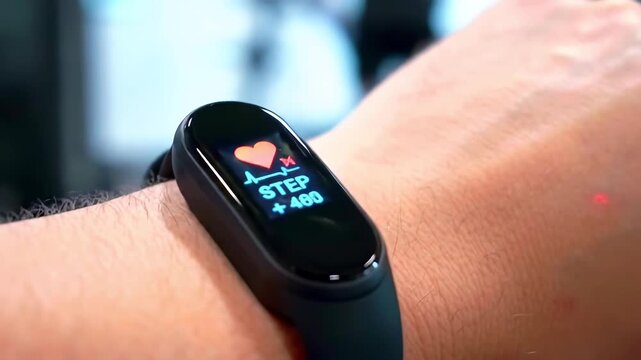 Close-up of a fitness tracker displaying heart rate and step count during a workout session in gym