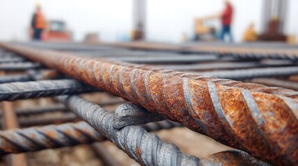 Detailed view of rusty construction rebar in a grid, ready for concrete pouring.