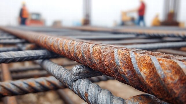 Detailed view of rusty construction rebar in a grid, ready for concrete pouring.