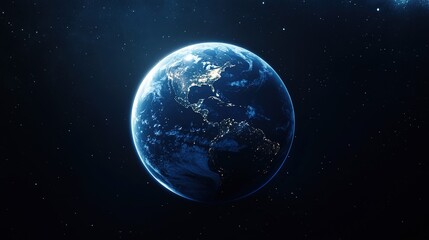 Cinematic blue Earth with glowing lights in space, black background—Earth viewed from above, surface illuminated by glow, no visible sun; isolated frame with white border on all edges