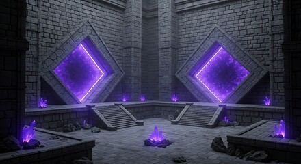 Glowing Purple Crystals in Ancient Chamber.