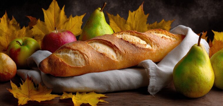 Crusty baguette on a linen cloth surrounded by pears, apples and autumn leaves on a wooden table - a rustic still-life food scene. - Powered by Adobe