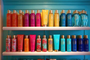 Colorful bottles of body care products on teal shelves