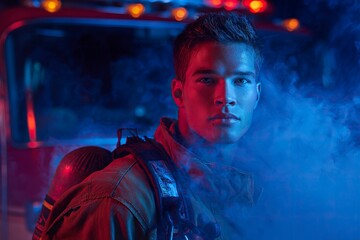 A handsome young man dressed as a firefighter stands in the background of blue smoke and a fire engine, a full-body portrait photograph with soft lighting, studio lighting,