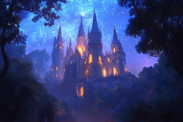 In a fantastical landscape of wonder, a fairy tale castle rises with majestic towers and an atmosphere of magic and awe
