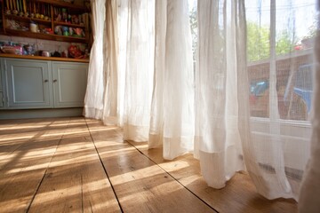 Sunlight streams through sheer curtains in a cozy kitchen
