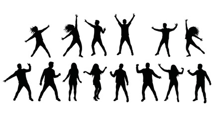 Energetic Party Crowd Dancing in Silhouette Style on White Background silhouette