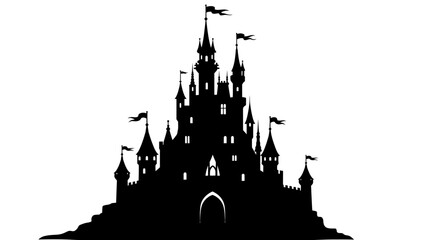 Majestic Castle with Flags Silhouette Against White Background Fantasy Architecture © mrvect02