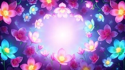 Fantasy-inspired 3D vector floral background with enchanted flowers and glowing petals, circular formation around an empty magical light center, soft purples and blues