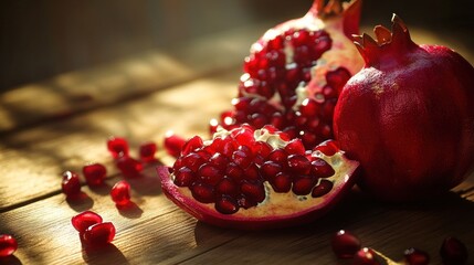 Pomegranate slices on a wooden table