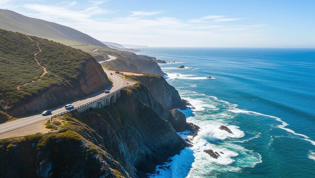 A sunny coastal highway winding along dramatic seaside cliffs, ocean waves below, evoking wanderlust, freedom, and iconic travel dreams. - Powered by Adobe