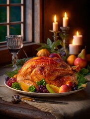 A golden roasted turkey on a platter with fruits and herbs, set on a rustic table beside a wineglass and lit candles - warm Thanksgiving dinner scene.