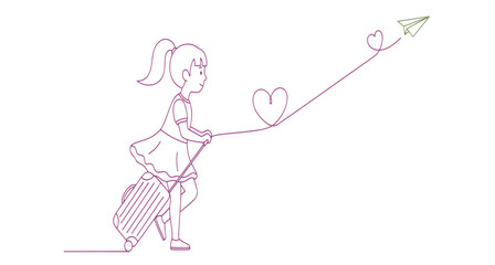 Young girl joyfully pulls suitcase towards a paper airplane soaring with hearts