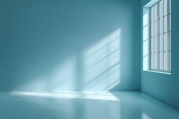 Fototapeta premium Light blue abstract background with natural window illumination creating a tranquil atmosphere in an empty room