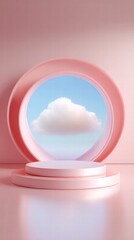 This image presents a minimalist pink stage with a cloud and blue sky backdrop, great for concepts.