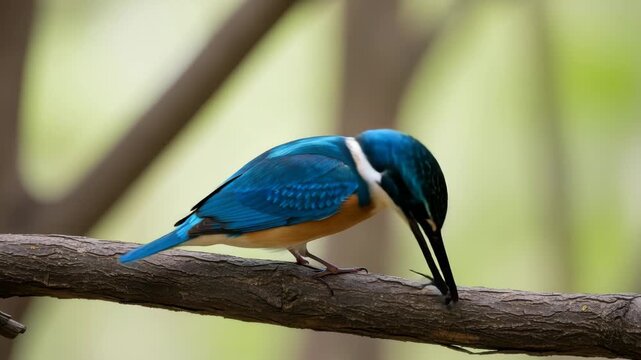 A vibrant blue and orange kingfisher bird is perched on a tree branch, holding an insect in its beak, showcasing a moment of natures predation