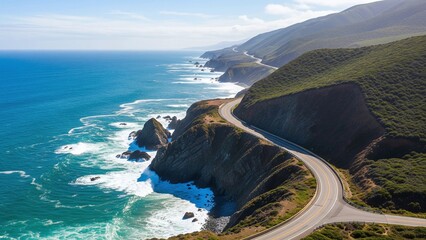 A sunny coastal highway winding along dramatic seaside cliffs, ocean waves below, evoking wanderlust, freedom, and iconic travel dreams.