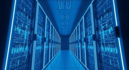 Futuristic server room with blue neon lights, representing technology, data, and network infrastructure