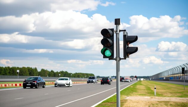Summer journey on an empty freeway, with a car driving on an asphalt road stretching to the horizon under a green sky