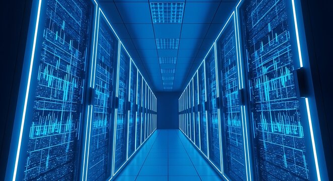 Futuristic server room with blue neon lights, representing technology, data, and network infrastructure