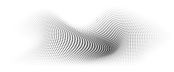 Fototapeta premium Flowing Wave Dot Halftone Pattern: Curve Gradient Shape on Transparent Background. Suitable for AI, Tech, Network, Digital, Science, and Technology Themes.