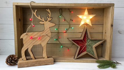 Wooden christmas decorations with reindeer star lights and pine cone in a wooden decoration crate display