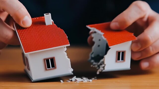 A miniature house model, split in two, signifying a separation or conflict